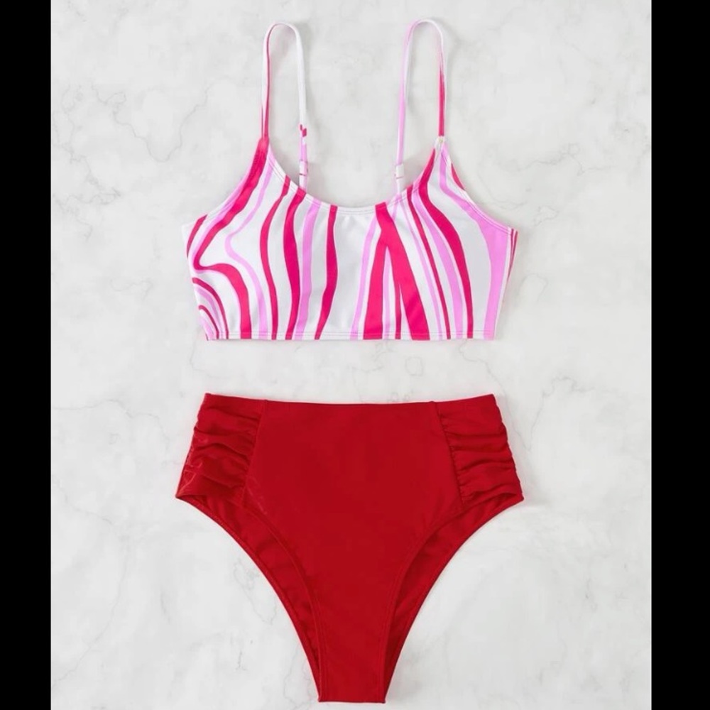 Abstract Wave Print Adjustable Strap 2 Piece High Waisted Bikini Swimsuit • NEW